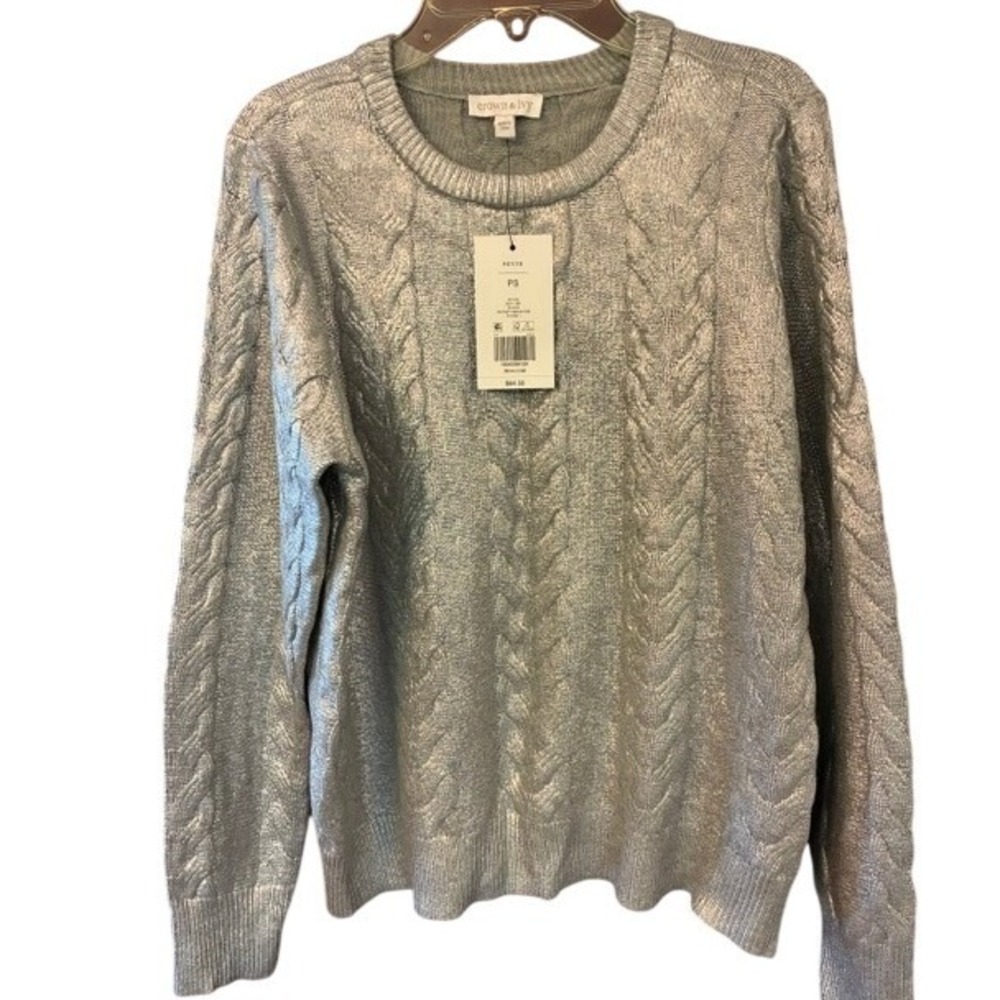 Crown & Ivy Cable Knit Sweater Womens Petite S Silver NWT Metallic Pullover